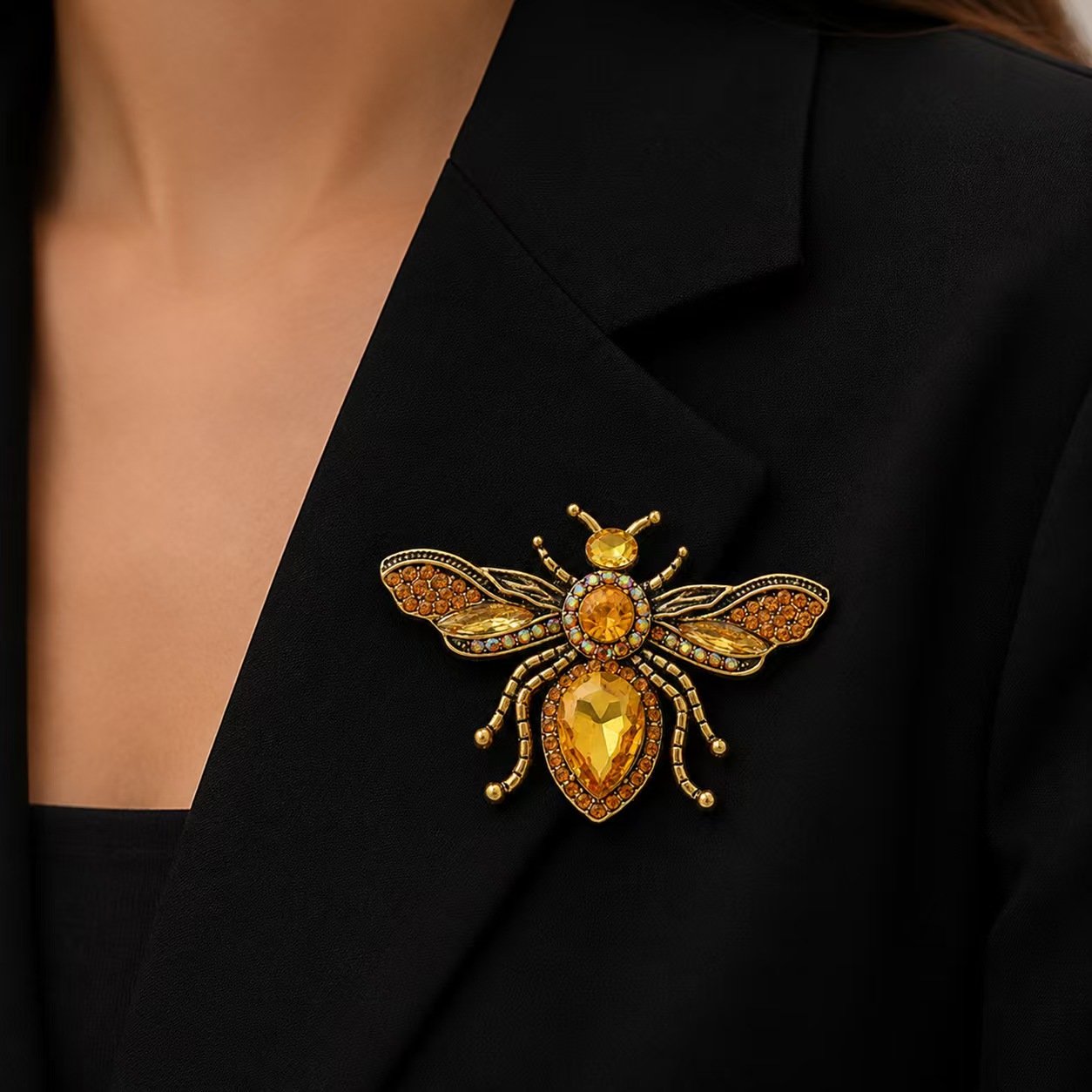 Body Jewelry Websites - Retro gouden bijenbroche, gele strass insectenbroche,