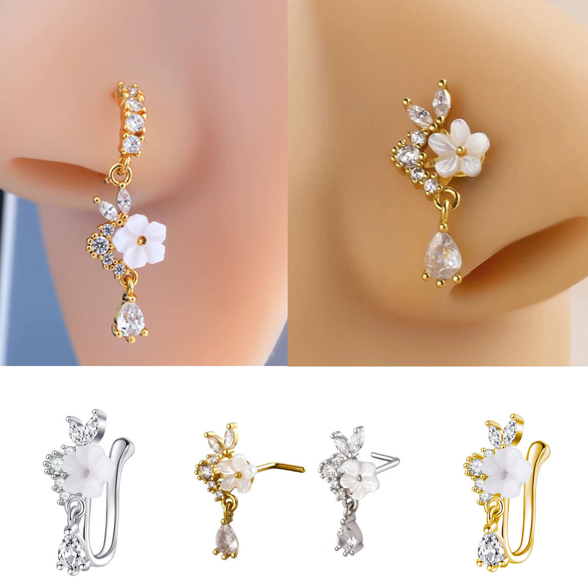 Gouden bloem neusring met hang - Body Jewelry Surgical Steel recensie en prijs