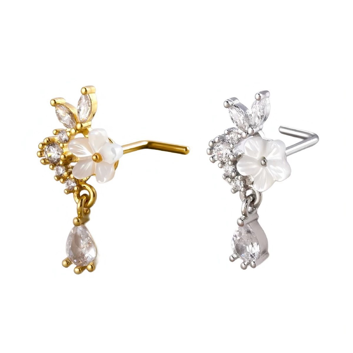 Gouden bloem neusring met hang - Body Jewelry Surgical Steel recensie en prijs